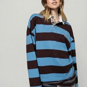 Dairy boy women’s Blue and Brown Striped Zip-Up Rugby Sweater sz xs